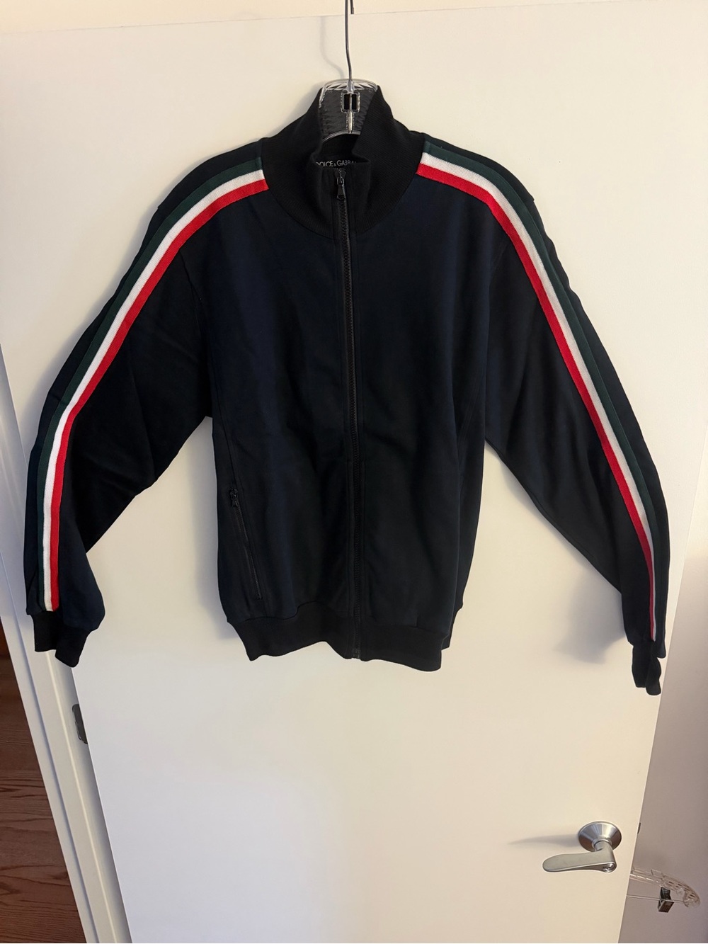 Dolce & Gabbana Black Bomber Jacket with Red, White & Green Stripes
